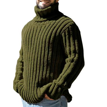 Highisa Mens Leather Cable Knit Turtleneck Knit Jumper Pullover Sweater 